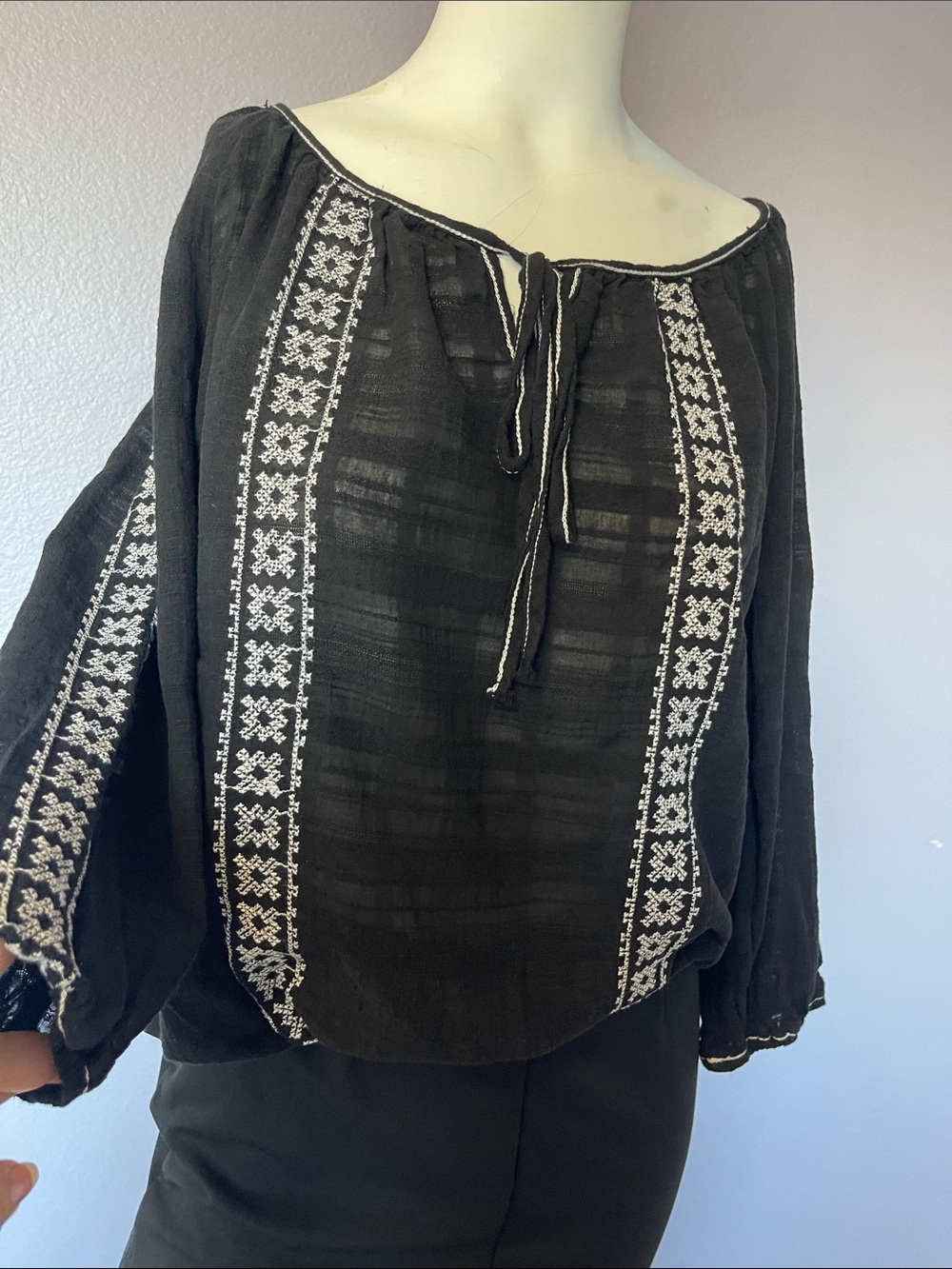Max Studio Black Embroidered Peasant Blouse - Boho Long Sleeve